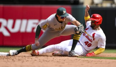Sep 1, 2025; St. Louis, Missouri, USA;  Athletics shortstop Jacob Wilson (5)  forces out St. Louis Cardinals designated hitter Iván Herrera (48) during the sixth inning at Busch Stadium. Mandatory Credit: Jeff Curry-Imagn Images
