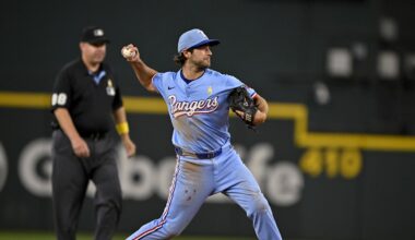 Sep 7, 2025; Arlington, Texas, USA; Texas Rangers shortstop Josh Smith (8) throws the ball during the game between the Texas Rangers and the Houston Astros at Globe Life Field. Mandatory Credit: Jerome Miron-Imagn Images