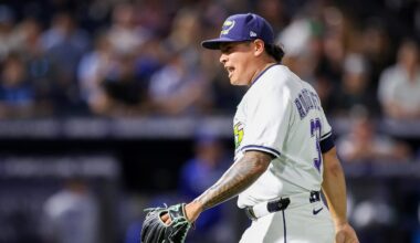 May 24, 2025; Tampa, Florida, USA; Tampa Bay Rays pitcher Manuel Rodriguez (39) reacts after pitching against the Toronto Blue Jays in the eighth inning  at George M. Steinbrenner Field. Mandatory Credit: Nathan Ray Seebeck-Imagn Images