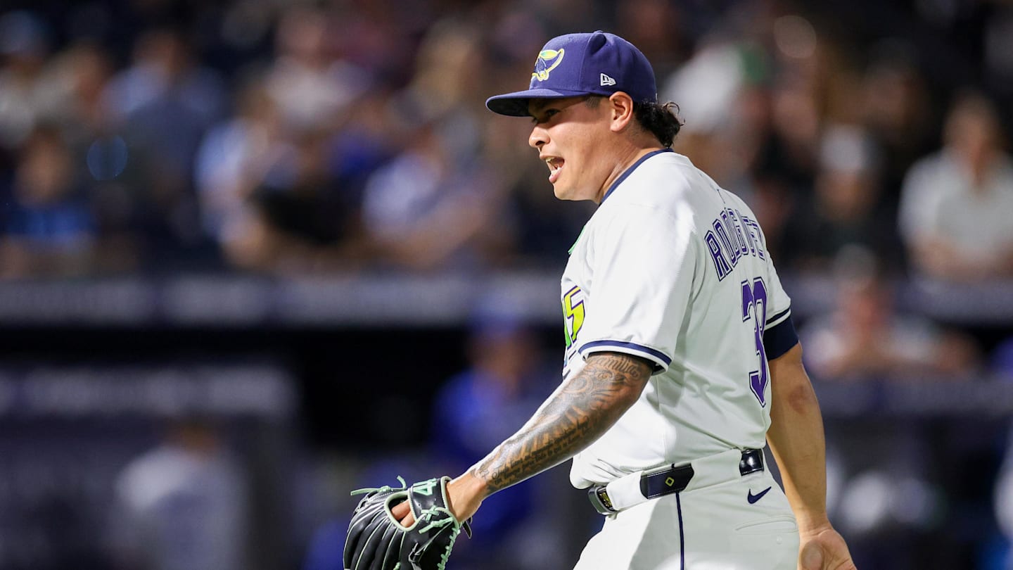 May 24, 2025; Tampa, Florida, USA; Tampa Bay Rays pitcher Manuel Rodriguez (39) reacts after pitching against the Toronto Blue Jays in the eighth inning  at George M. Steinbrenner Field. Mandatory Credit: Nathan Ray Seebeck-Imagn Images