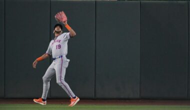 Apr 11, 2025; West Sacramento, California, USA; New York Mets outfielder Jose Siri (19) makes a catch second inning of the game against the Oakland Athletics at Sutter Health Park. Mandatory Credit: Ed Szczepanski-Imagn Images
