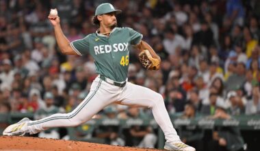 Aug 29, 2025: Boston Red Sox relief pitcher Jordan Hicks (46) pitches against the Pittsburgh Pirates during the eighth inning at Fenway Park.