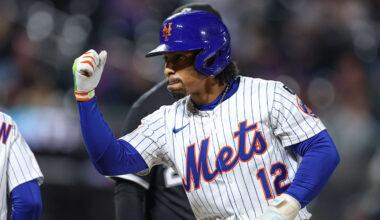 May 27, 2025; New York City, New York, USA; New York Mets shortstop Francisco Lindor (12) reacts after hitting a two RBI single during the eighth inning against the Chicago White Sox at Citi Field. Mandatory Credit: Vincent Carchietta-Imagn Images