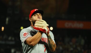 Aug 28, 2023; San Francisco, California, USA; Cincinnati Reds relief pitcher Daniel Duarte (77) reacts after the bottom of the eighth inning against the San Francisco Giants at Oracle Park. Mandatory Credit: Kelley L Cox-Imagn Images