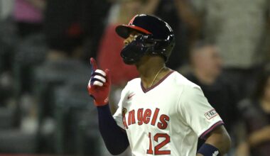 Jul 9, 2025; Anaheim, California, USA;  Los Angeles Angels right fielder Jorge Soler (12) crosses the plate after hitting a two-run home run in the eighth inning against the Texas Rangers at Angel Stadium. Mandatory Credit: Jayne Kamin-Oncea-Imagn Images