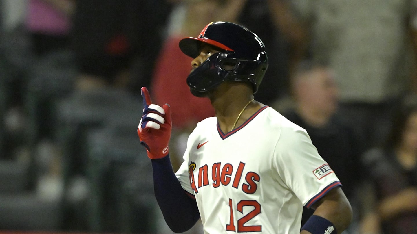 Jul 9, 2025; Anaheim, California, USA;  Los Angeles Angels right fielder Jorge Soler (12) crosses the plate after hitting a two-run home run in the eighth inning against the Texas Rangers at Angel Stadium. Mandatory Credit: Jayne Kamin-Oncea-Imagn Images