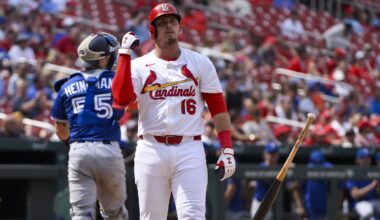 Jun 11, 2025; St. Louis, Missouri, USA;  St. Louis Cardinals second baseman Nolan Gorman (16) tosses his bat after striking out to end the eighth inning against the Toronto Blue Jays at Busch Stadium. Mandatory Credit: Jeff Curry-Imagn Images