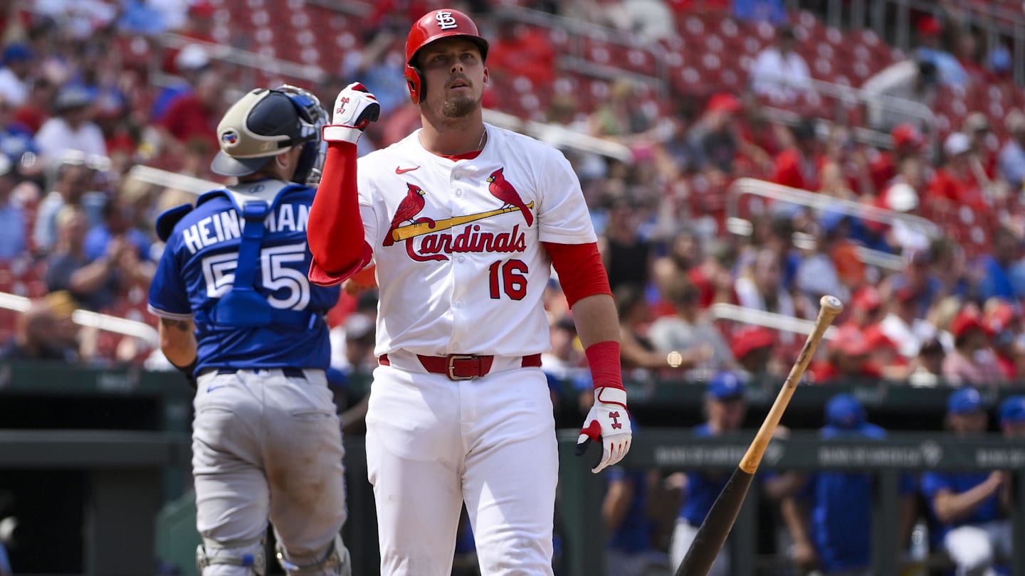 Jun 11, 2025; St. Louis, Missouri, USA;  St. Louis Cardinals second baseman Nolan Gorman (16) tosses his bat after striking out to end the eighth inning against the Toronto Blue Jays at Busch Stadium. Mandatory Credit: Jeff Curry-Imagn Images