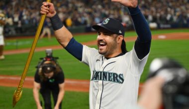 Oct 17, 2025; Seattle, Washington, USA; Seattle Mariners third baseman Eugenio Suarez (28) celebrates after winning game five of the ALCS round for the 2025 MLB playoffs against the Toronto Blue Jays at T-Mobile Park. Mandatory Credit: Steven Bisig-Imagn Images