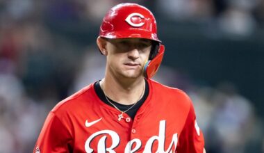Aug 24, 2025; Phoenix, Arizona, USA; Cincinnati Reds outfielder Austin Hays against the Arizona Diamondbacks at Chase Field. Mandatory Credit: Mark J. Rebilas-Imagn Images