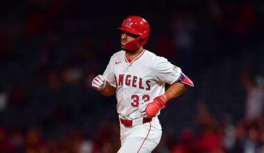 Sep 9, 2025; Anaheim, California, USA; Los Angeles Angels right fielder Chris Taylor (33) runs the bases after hitting a three run home run against the Minnesota Twins during the sixth inning at Angel Stadium. Mandatory Credit: Gary A. Vasquez-Imagn Images