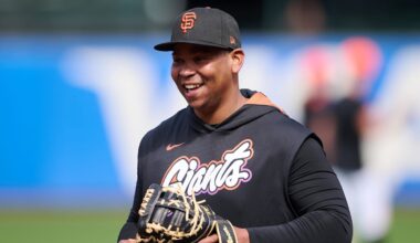 Aug 12, 2025; San Francisco, California, USA; San Francisco Giants first baseman Rafael Devers (16) warms up before the game between the San Diego Padres and the San Francisco Giants at Oracle Park. Mandatory Credit: Robert Edwards-Imagn Images