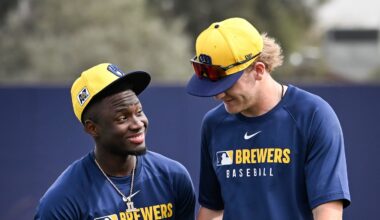 Milwaukee Brewers outfielder Luis Lara and infielder Cooper Pratt come off the field together during spring training workouts Monday, February 17, 2025, at American Family Fields of Phoenix in Phoenix, Arizona.