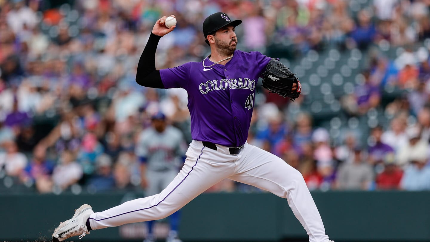 Colorado Rockies relief pitcher Riley Pint (41) pitches in the seventh inning against the New York Mets at Coors Field.