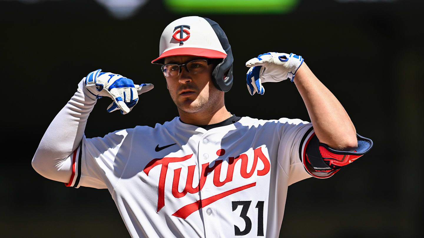 Apr 26, 2025; Minneapolis, Minnesota, USA; Minnesota Twins first base Jonah Bride (31) reacts after hitting an RBI single to score shortstop Carlos Correa (not pictured) during the first inning off Los Angeles Angels pitcher Yusei Kikuchi (not pictured) at Target Field. Mandatory Credit: Jeffrey Becker-Imagn Images