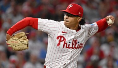 Aug 31, 2025; Philadelphia, Pennsylvania, USA;  Philadelphia Phillies pitcher Jesús Luzardo (44) throws a pitch during the third inning against the Atlanta Braves at Citizens Bank Park. Mandatory Credit: Eric Hartline-Imagn Images