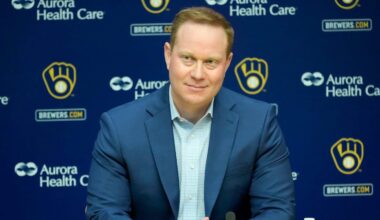 Senior Vice President and General Manager Matt Arnold speaks during an an end of season press conference at American Family Field in Milwaukee on Tuesday, Oct. 10, 2023. - Mike De Sisti / The Milwaukee Journal Sentinel