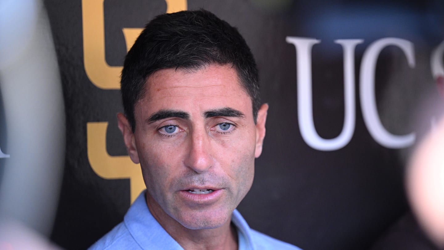 Aug 23, 2022; San Diego, California, USA; San Diego Padres general manager A.J. Preller speak to the media before the game against the Cleveland Guardians at Petco Park. Mandatory Credit: Orlando Ramirez-Imagn Images