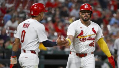 Sep 3, 2025; St. Louis, Missouri, USA;  St. Louis Cardinals designated hitter Ivan Herrera (48) celebrates with shortstop Masyn Winn (0) after they scored against the Athletics during the third inning at Busch Stadium. Mandatory Credit: Jeff Curry-Imagn Images
