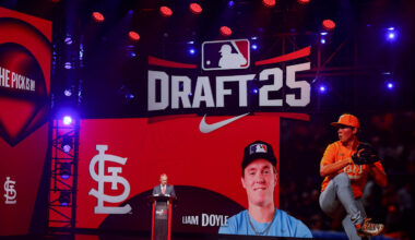 Jul 13, 2025; Atlanta, GA, USA; Liam Doyle is drafted by the St. Louis Cardinals with the fifth pick during the first round of the MLB Draft at The Coca-Cola Roxy. Mandatory Credit: Brett Davis-Imagn Images