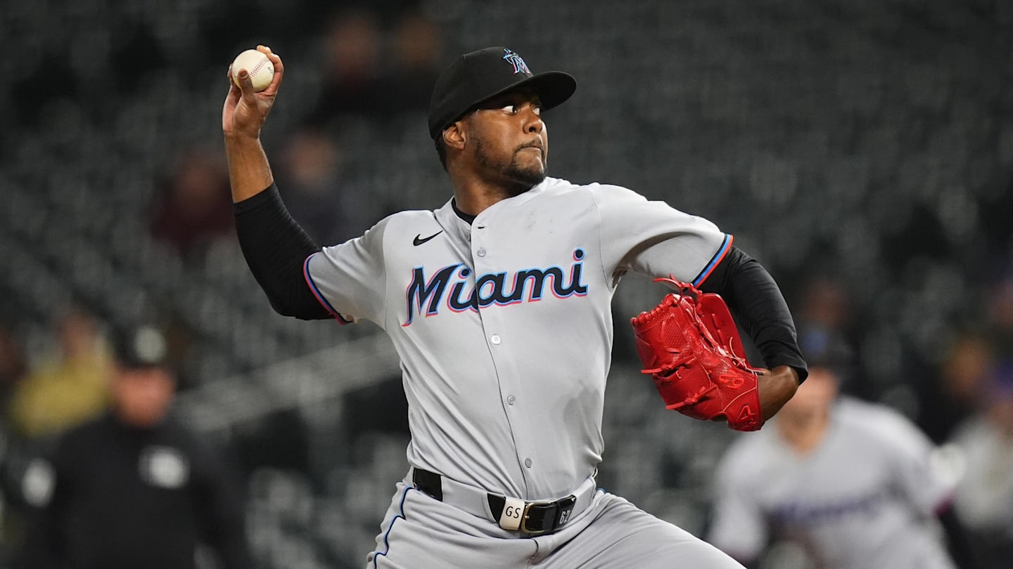 Sep 17, 2025; Denver, Colorado, USA; Miami Marlins relief pitcher George Soriano (62) delivers a pitch in the ninth inning against the Colorado Rockies at Coors Field. Mandatory Credit: Ron Chenoy-Imagn Images
