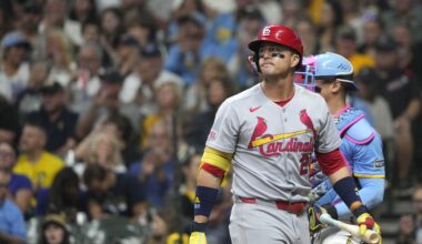 Sep 12, 2025; Milwaukee, Wisconsin, USA; St. Louis Cardinals outfielder Lars Nootbaar (21) strikes out against the Milwaukee Brewers in the fourth inning at American Family Field. Mandatory Credit: Michael McLoone-Imagn Images
