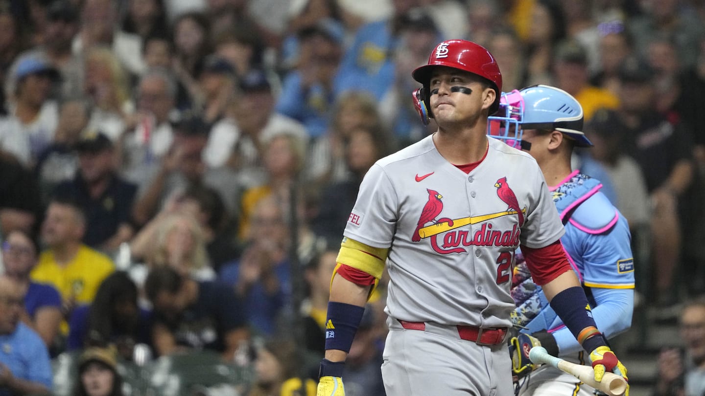 Sep 12, 2025; Milwaukee, Wisconsin, USA; St. Louis Cardinals outfielder Lars Nootbaar (21) strikes out against the Milwaukee Brewers in the fourth inning at American Family Field. Mandatory Credit: Michael McLoone-Imagn Images
