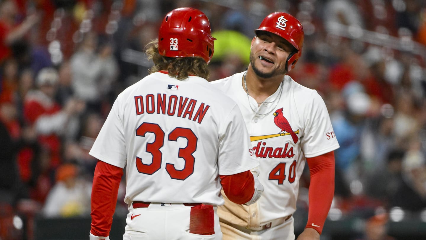 Apr 14, 2025; St. Louis, Missouri, USA;  St. Louis Cardinals first baseman Willson Contreras (40) celebrates with shortstop Brendan Donovan (33) after scoring against the Houston Astros during the fifth inning at Busch Stadium. Mandatory Credit: Jeff Curry-Imagn Images