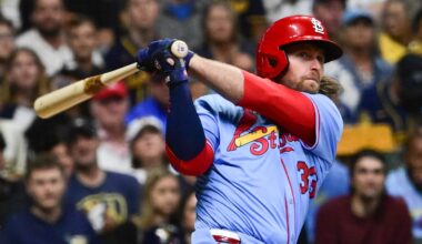 Sep 13, 2025; Milwaukee, Wisconsin, USA; St. Louis Cardinals second baseman Brendan Donovan (33) hits a solo home run against the Milwaukee Brewers in the third inning at American Family Field. Mandatory Credit: Benny Sieu-Imagn Images