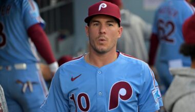 Oct 8, 2025; Los Angeles, California, USA; Philadelphia Phillies catcher J.T. Realmuto (10) in the dugout during game three of the NLDS of the 2025 MLB playoffs against the Los Angeles Dodgers at Dodger Stadium.