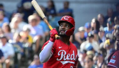 Sep 28, 2025; Milwaukee, Wisconsin, USA; Cincinnati Reds designated hitter Miguel Andujar (38) reacts after striking out in the first inning against the Milwaukee Brewers at American Family Field. Mandatory Credit: Benny Sieu-Imagn Images