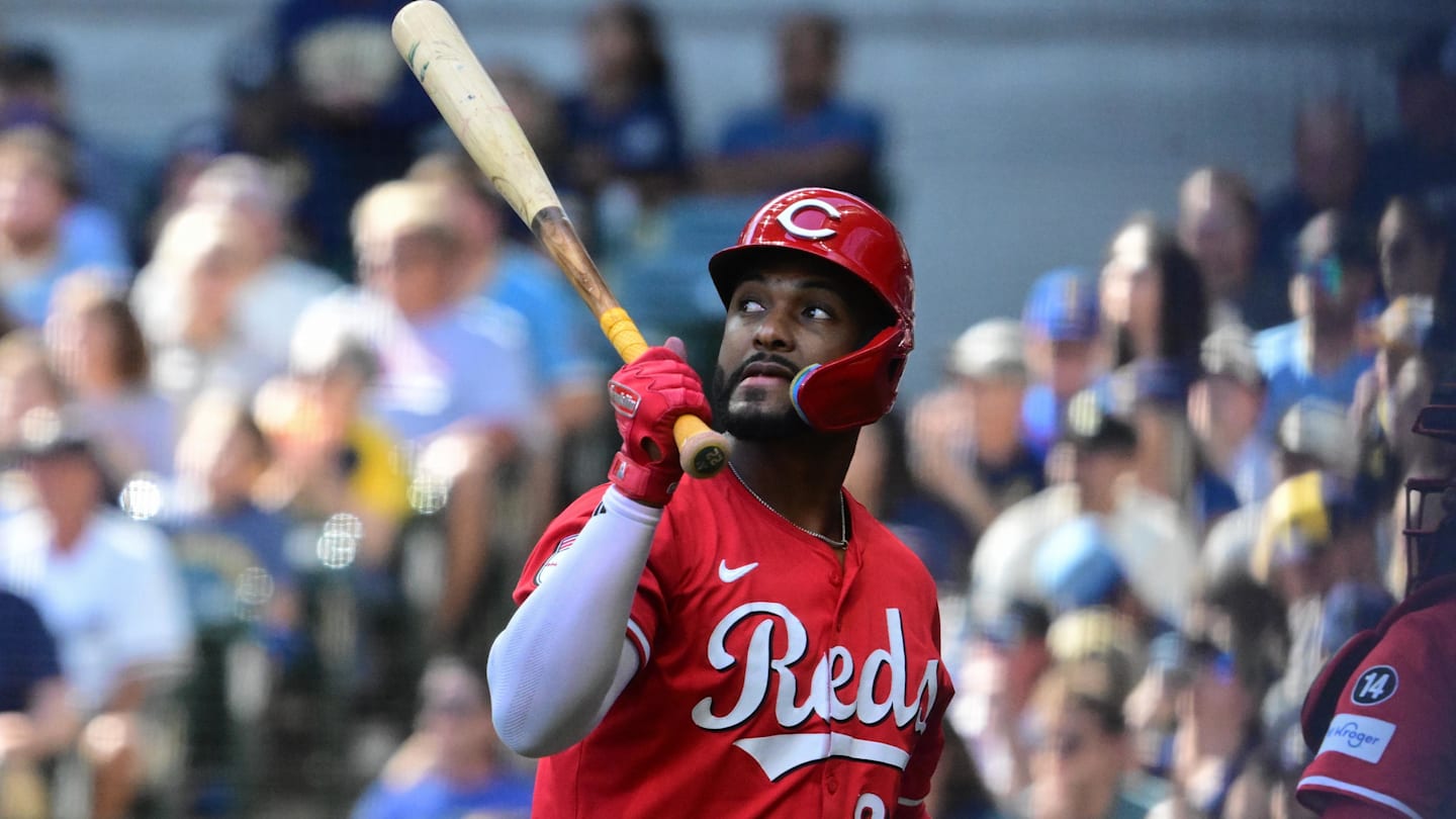 Sep 28, 2025; Milwaukee, Wisconsin, USA; Cincinnati Reds designated hitter Miguel Andujar (38) reacts after striking out in the first inning against the Milwaukee Brewers at American Family Field. Mandatory Credit: Benny Sieu-Imagn Images