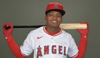Feb 21, 2024; Tempe, AZ, USA;  Los Angeles Angels Nelson Rada (75) poses for a photo on media day in Tempe, AZ. Mandatory Credit: Jayne Kamin-Oncea-Imagn Images