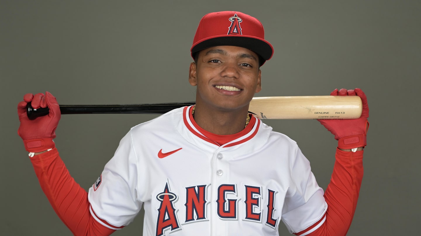 Feb 21, 2024; Tempe, AZ, USA;  Los Angeles Angels Nelson Rada (75) poses for a photo on media day in Tempe, AZ. Mandatory Credit: Jayne Kamin-Oncea-Imagn Images