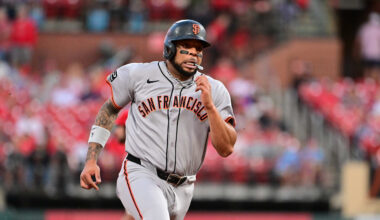 Sep 6, 2025; St. Louis, Missouri, USA; San Francisco Giants designated hitter Dominic Smith (7) digs for third base in the fourth inning against the St. Louis Cardinals off a hit by teammate San Francisco Giants third baseman Matt Chapman (not shown) at Busch Stadium. Mandatory Credit: Tim Vizer-Imagn Images