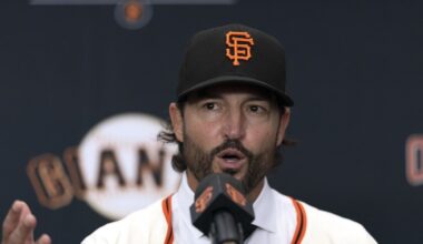Oct 30, 2025; San Francisco, CA, USA;  Tony Vitello answers questions from the media as he is introduced as the new manager of the San Francisco Giants at Oracle Park. Mandatory Credit: D. Ross Cameron-Imagn Images