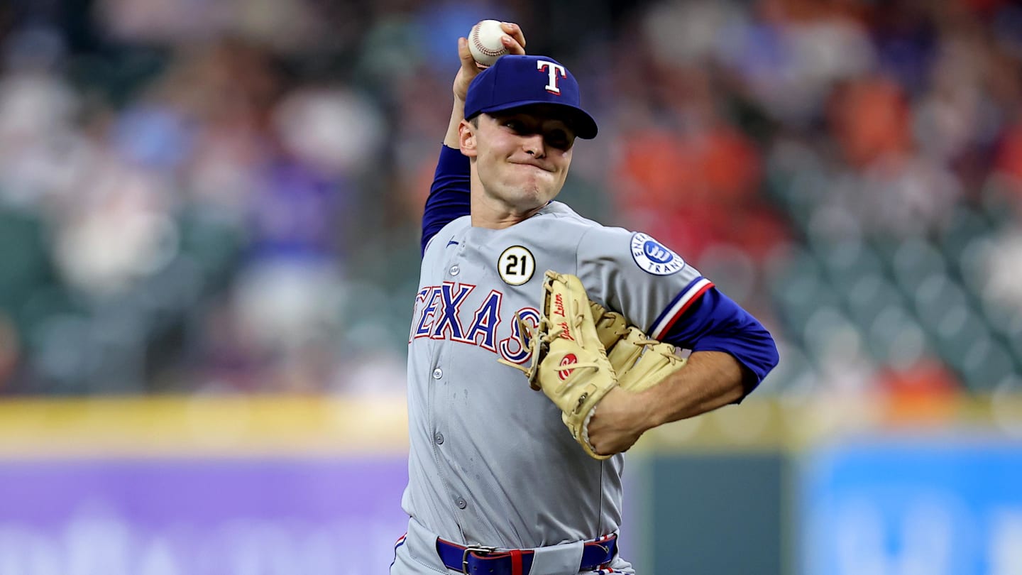 Sep 15, 2025; Houston, Texas, USA; Texas Rangers starting pitcher Jack Leiter (35) delivers a pitch against the Houston Astros during the first inning at Daikin Park. Mandatory Credit: Erik Williams-Imagn Images