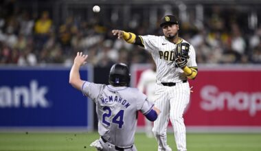 May 13, 2024; San Diego, California, USA; San Diego Padres second baseman Luis Arraez (4) throws to first base after forcing out Colorado Rockies third baseman Ryan McMahon (24) at second base to complete a double play during the sixth inning at Petco Park. Mandatory Credit: Orlando Ramirez-Imagn Images