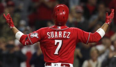 Cincinnati Reds third baseman Eugenio Suarez (7) reacts