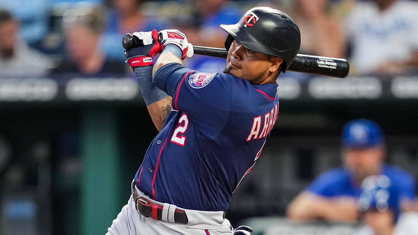 Sep 20, 2022; Kansas City, Missouri, USA; Minnesota Twins designated hitter Luis Arraez (2) bats against the Kansas City Royals during the first inning at Kauffman Stadium. Mandatory Credit: Jay Biggerstaff-Imagn Images