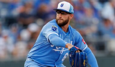 Sep 20, 2025; Kansas City, Missouri, USA; Kansas City Royals pitcher Noah Cameron (65) pitches during the first inning against the Toronto Blue Jays at Kauffman Stadium. Mandatory Credit: William Purnell-Imagn Images