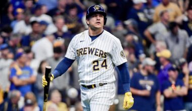 Oct 9, 2021; Milwaukee, Wisconsin, USA; Milwaukee Brewers right fielder Avisail Garcia (24) reacts after striking out against the Atlanta Braves during the eighth inning during game two of the 2021 NLDS at American Family Field. Mandatory Credit: Benny Sieu-Imagn Images