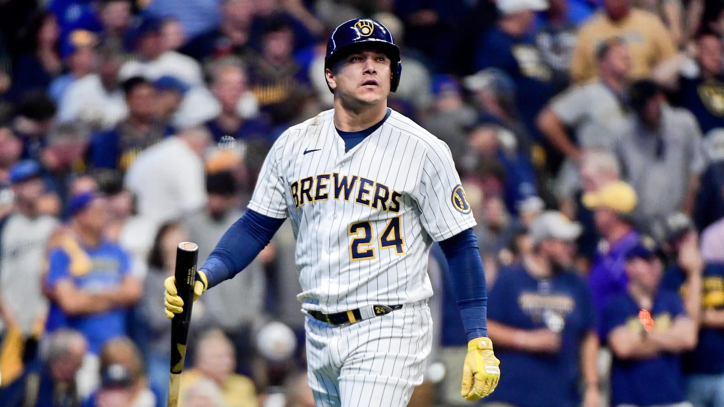 Oct 9, 2021; Milwaukee, Wisconsin, USA; Milwaukee Brewers right fielder Avisail Garcia (24) reacts after striking out against the Atlanta Braves during the eighth inning during game two of the 2021 NLDS at American Family Field. Mandatory Credit: Benny Sieu-Imagn Images