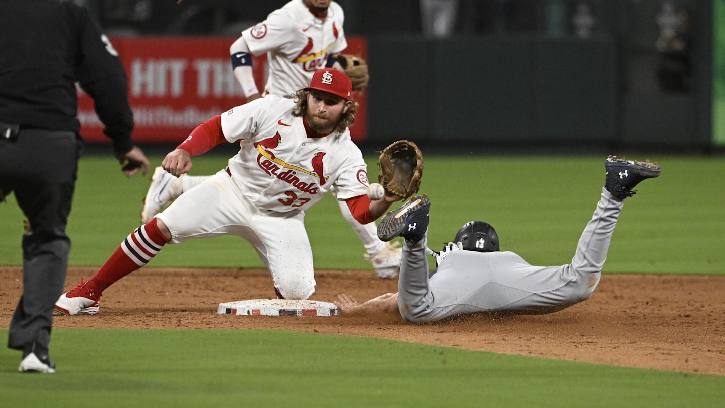 Brendan Donovan fields a ball at second base against the Seattle Mariners.