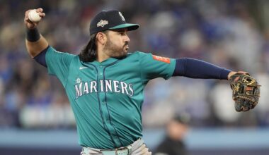 Seattle Mariners third baseman Eugenio Suarez (28) throws to first for an out against Toronto Blue Jays.