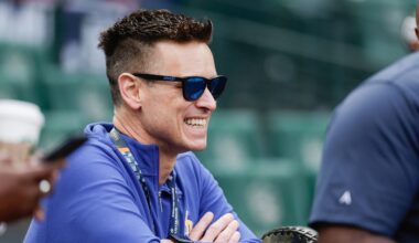 Oct 4, 2025; Seattle, Washington, USA; Jerry Dipoto looks on before game one of the ALDS round between the Seattle Mariners and Detroit Tigers for the 2025 MLB playoffs at T-Mobile Park. Mandatory Credit: Joe Nicholson-Imagn Images