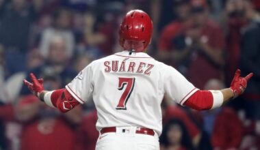 Cincinnati Reds third baseman Eugenio Suarez (7) reacts