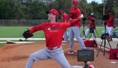 Feb 12, 2025; Jupiter, FL, USA;  St. Louis Cardinals pitcher Quinn Mathews throws during Spring Training. Mandatory Credit: Jim Rassol-Imagn Images