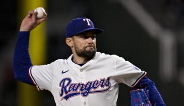 Aug 11, 2025; Arlington, Texas, USA; Texas Rangers starting pitcher Nathan Eovaldi (17) pitches against the Arizona Diamondbacks during the fourth inning at Globe Life Field. Mandatory Credit: Jerome Miron-Imagn Images