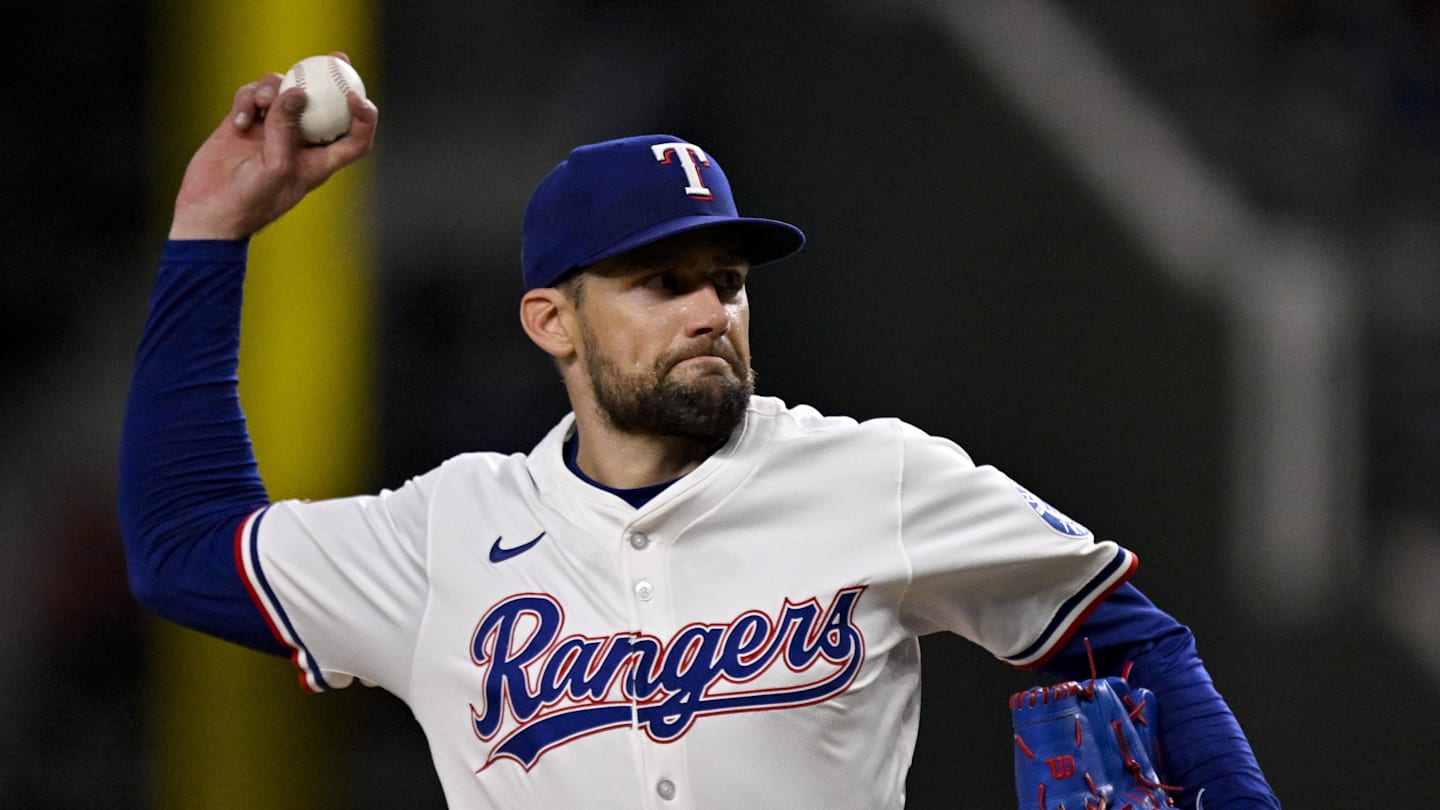 Aug 11, 2025; Arlington, Texas, USA; Texas Rangers starting pitcher Nathan Eovaldi (17) pitches against the Arizona Diamondbacks during the fourth inning at Globe Life Field. Mandatory Credit: Jerome Miron-Imagn Images